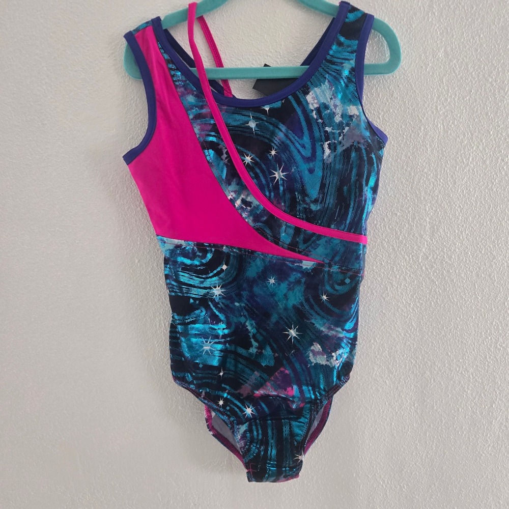 NWT Rainbeau Moves Girls Galaxy Metallic‎ Gymnastics Leotard Pink Blue Small